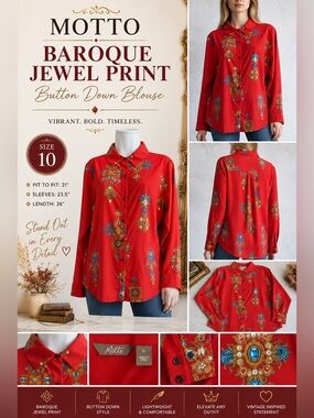 Motto Size 10 Red Baroque Jewel Print Button Down Blouse Long Sleeve Statement
